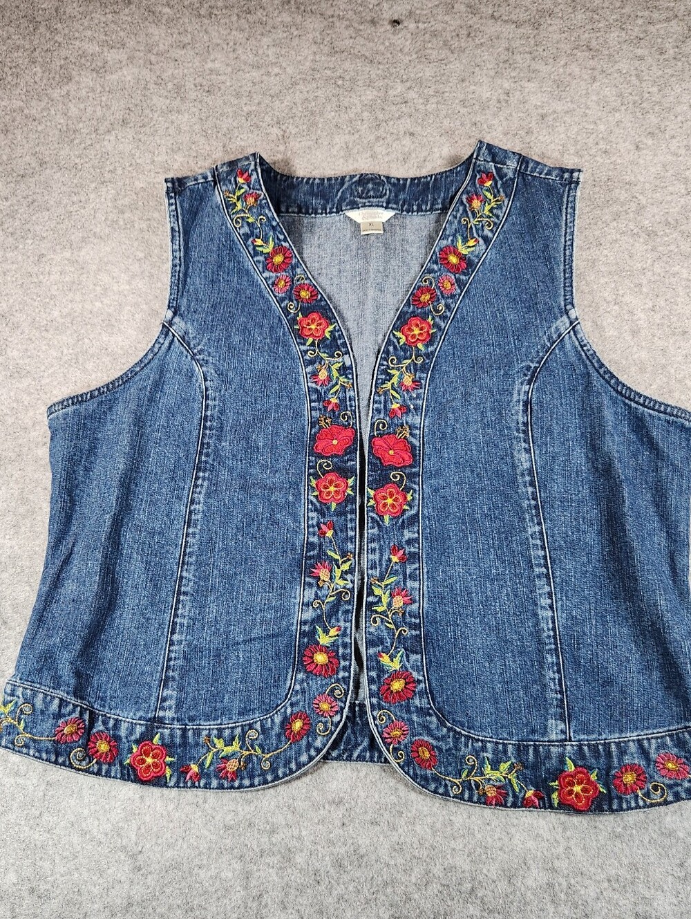 Christopher & Banks Vintage Cottage Denim Vest with Red Floral Embroidery XL